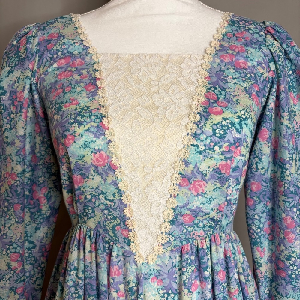 Vintage Prairie Maxi Dress XS / S Blue Floral Cottagecore Western Hilda Hawaii - Picture 6 of 10